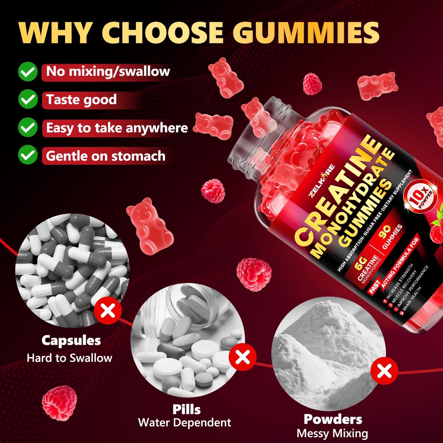 ZELKORE Creatine Monohydrate Gummies 6000mg for Men & Women, Sugar Free Creatine Gummy for Pre & Post Workout, High Absorption Supplement with BCAA, Support Boost Strength, - Maple Wellness Supplements