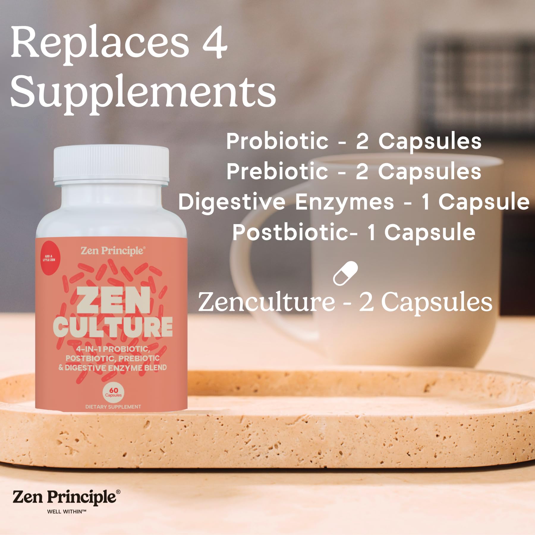 Zen Principle Zenculture™ – 4-in-1 Synbiotic Supplement (Probiotic + Prebiotic + Postbiotic + Digestive Enzymes) with CoreBiome®. Anti Bloating - Maple Wellness Supplements