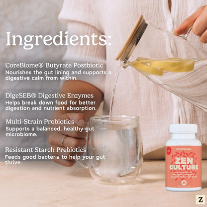 Zen Principle Zenculture™ – 4-in-1 Synbiotic Supplement (Probiotic + Prebiotic + Postbiotic + Digestive Enzymes) with CoreBiome®. Anti Bloating, - Maple Wellness Supplements