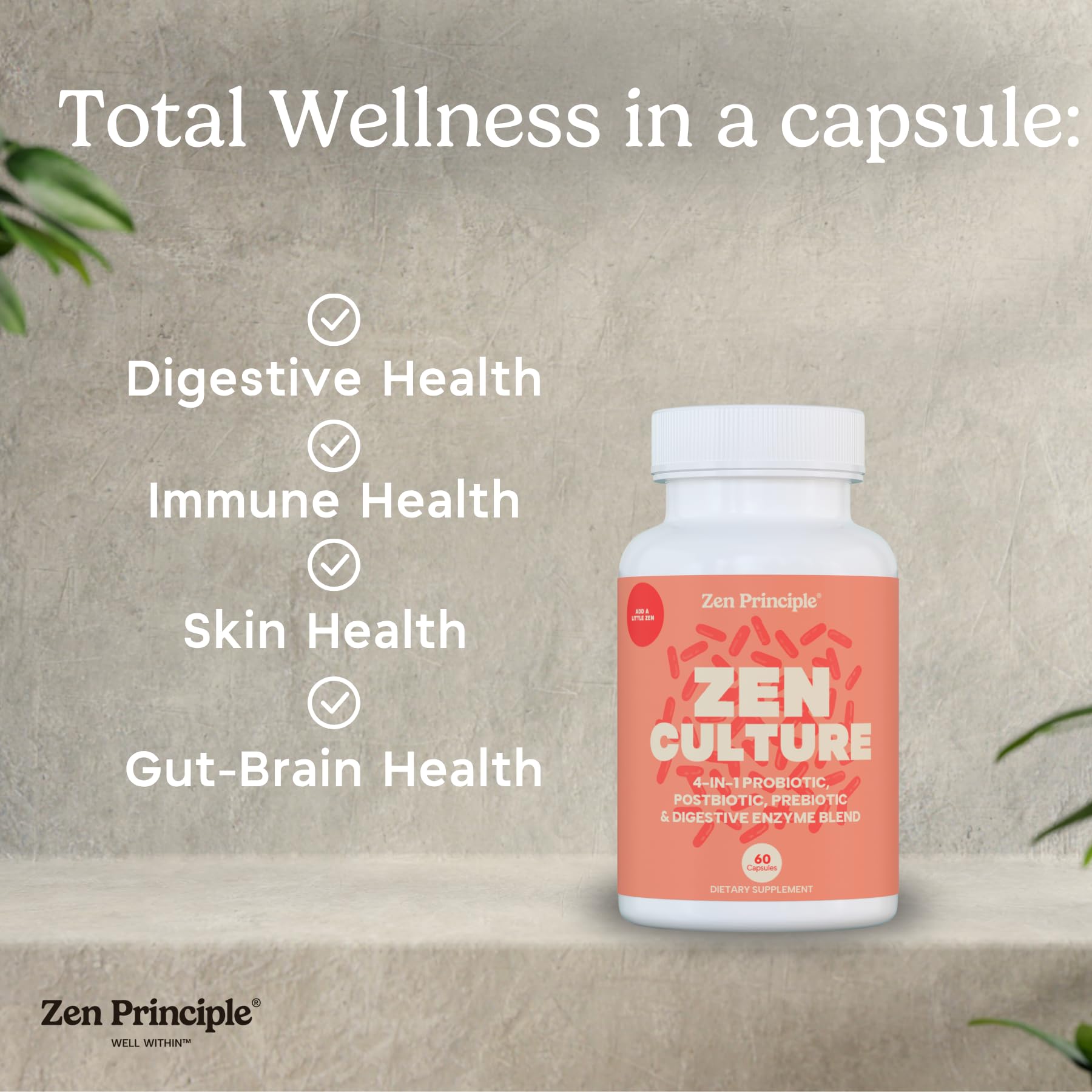 Zen Principle Zenculture™ – 4-in-1 Synbiotic Supplement (Probiotic + Prebiotic + Postbiotic + Digestive Enzymes) with CoreBiome®. Anti Bloating - Maple Wellness Supplements