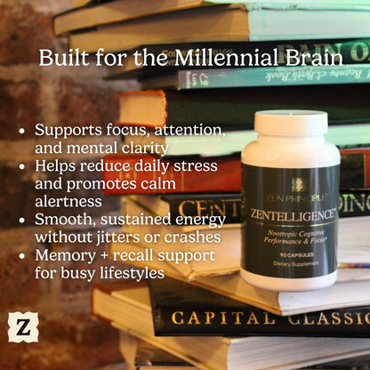 Zen Principle Zentelligence™ Focus Nootropic Supplement for Students & Professionals | Energy, Memory & Stress Support | Jitter-Free Formula with L-Theanine, Ginkgo Biloba, Huperzine A. 90 Capsules - Maple Wellness Supplements