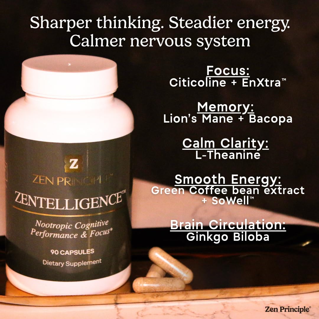 Zen Principle Zentelligence™ Focus Nootropic Supplement for Students & Professionals | Energy, Memory & Stress Support | Jitter-Free Formula with L-Theanine, Ginkgo Biloba, Huperzine A. 90 Capsules - Maple Wellness Supplements