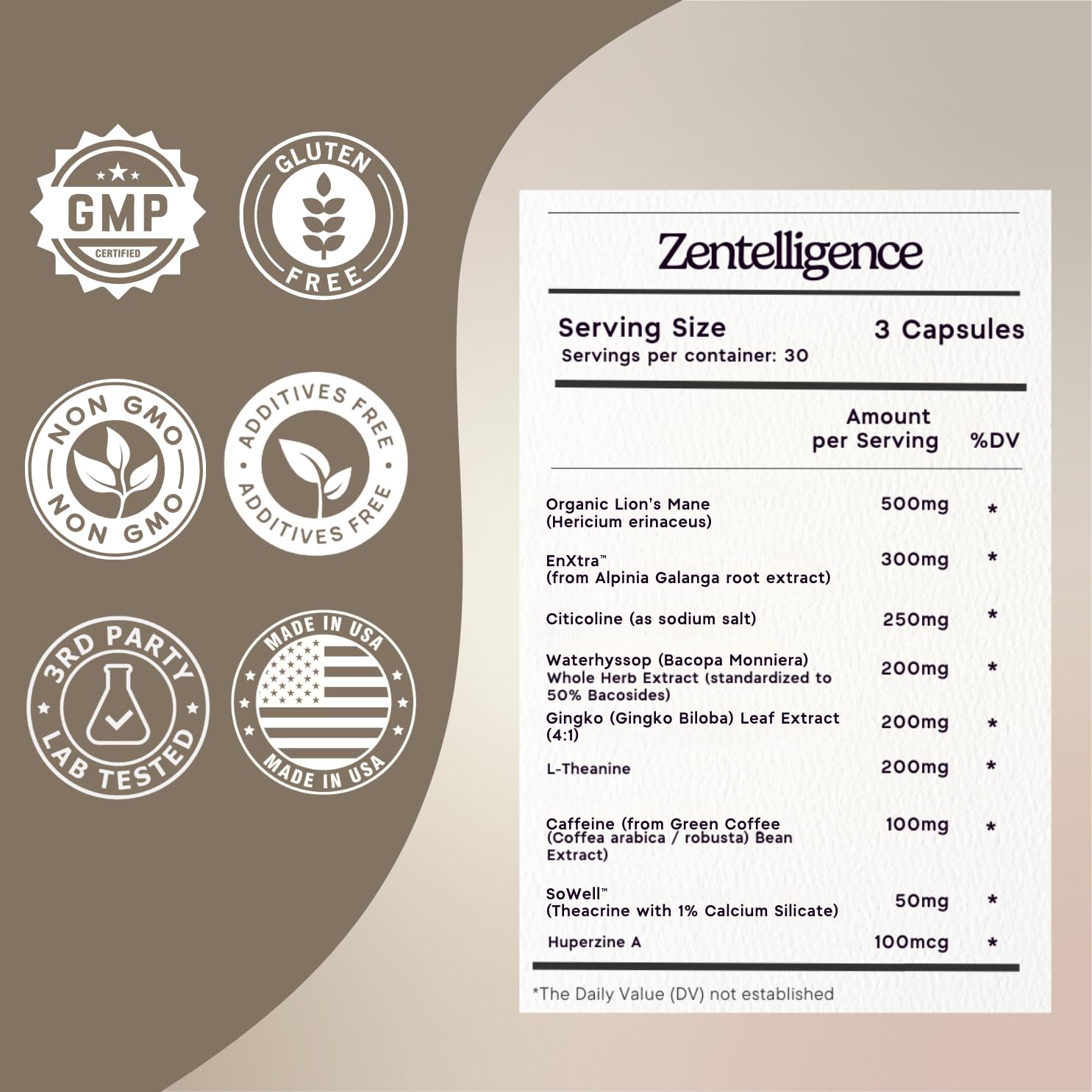 Zen Principle Zentelligence™ Focus Nootropic Supplement for Students & Professionals | Energy, Memory & Stress Support | Jitter-Free Formula with L-Theanine, Ginkgo Biloba, Huperzine A. 90 Capsules - Maple Wellness Supplements