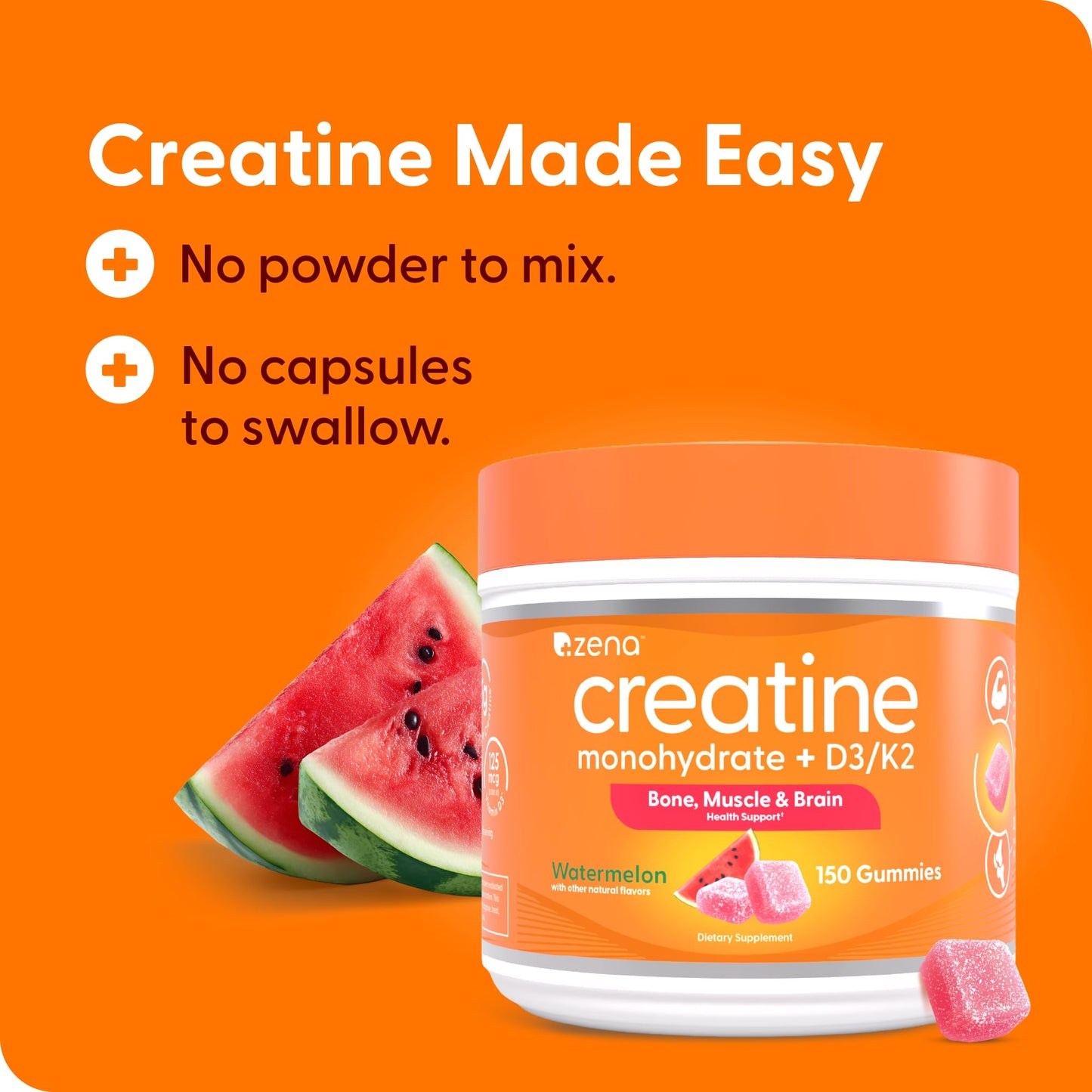 Zena Nutrition Creatine Gummies with D3 & K2, Creatine Monohydrate for Men and Women, Supports Bone, Muscle, & Cognitive Health, Gummy Workout Supplement, Watermelon Flavor, 150ct, 30 Daily Servings - Maple Wellness Supplements