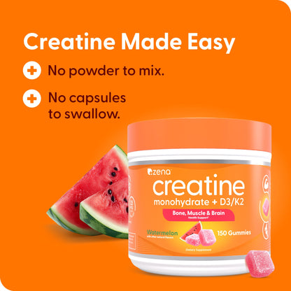 Zena Nutrition Creatine Gummies with D3 & K2, Creatine Monohydrate for Men and Women, Supports Bone, Muscle, & Cognitive Health, Gummy Workout Supplement, Watermelon Flavor, 150ct, 30 Daily Servings - Maple Wellness Supplements