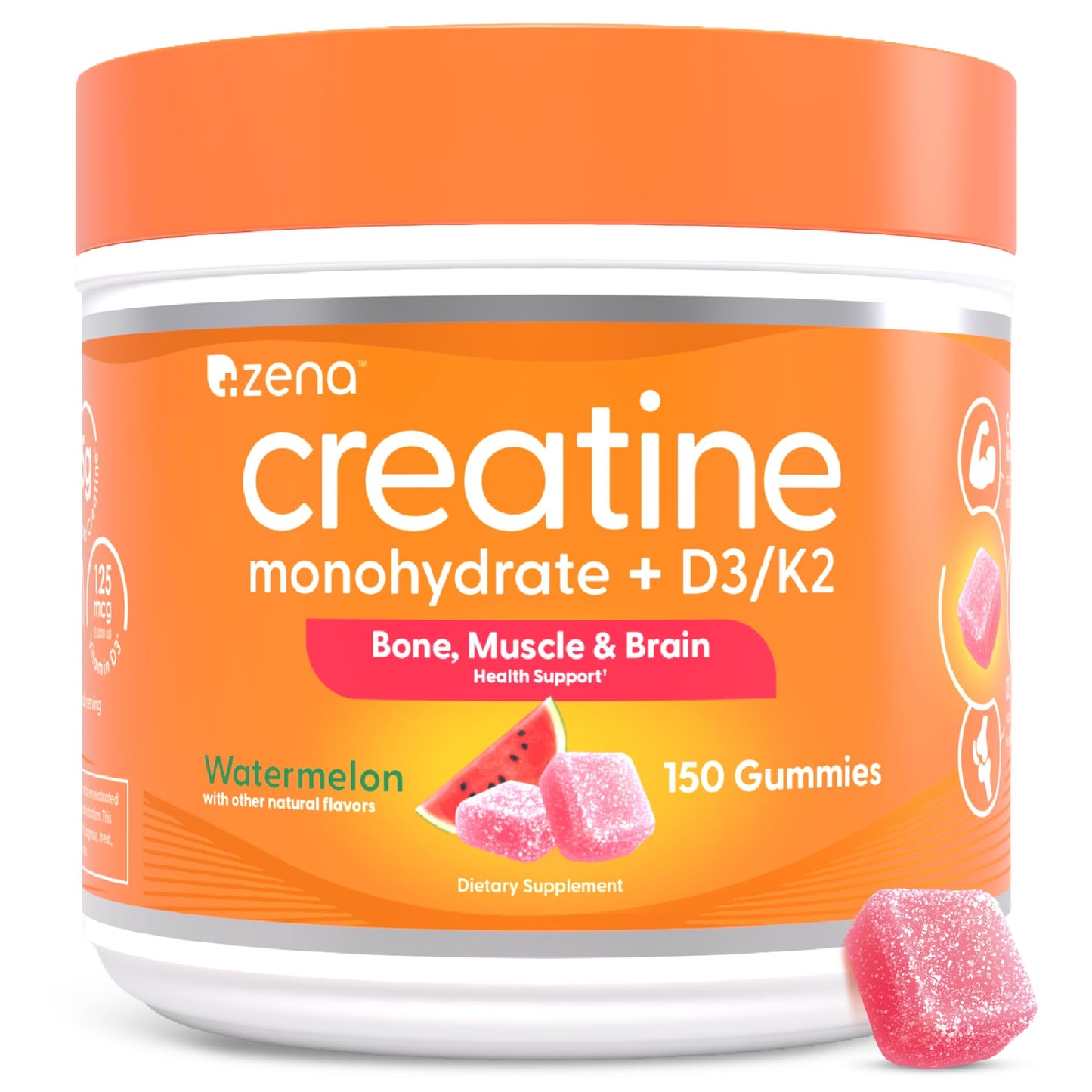 Zena Nutrition Creatine Gummies with D3 & K2, Creatine Monohydrate for Men and Women, Supports Bone, Muscle, & Cognitive Health, Gummy Workout Supplement, Watermelon Flavor, 150ct, 30 Daily Servings - Maple Wellness Supplements