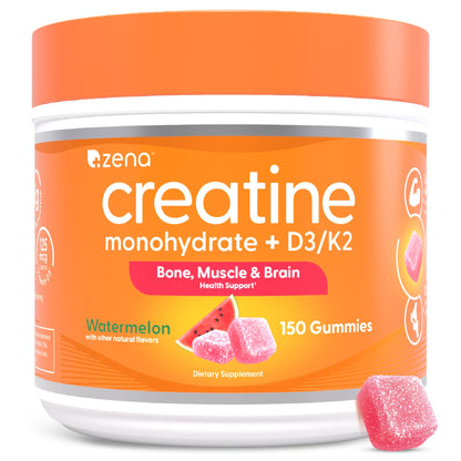 Zena Nutrition Creatine Gummies with D3 & K2, Creatine Monohydrate for Men and Women, Supports Bone, Muscle, & Cognitive Health, Gummy Workout Supplement, Watermelon Flavor, 150ct, 30 Daily Servings - Maple Wellness Supplements