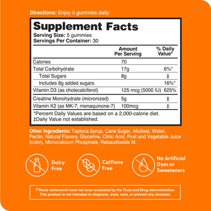 Zena Nutrition Creatine Gummies with D3 & K2, Creatine Monohydrate for Men and Women, Supports Bone, Muscle, & Cognitive Health, Gummy Workout Supplement, Watermelon Flavor, 150ct, 30 Daily Servings - Maple Wellness Supplements