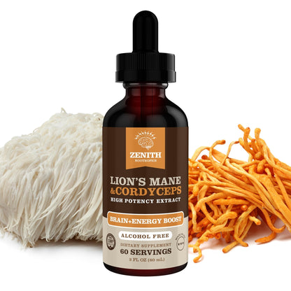 Zenith Nootropics Lion’s Mane & Cordyceps Supplement – Brain & Energy Support – Focus, Memory, Clarity, Immunity – Vegan, Alcohol-Free Tincture – Up-to 2-Month Supply, 2 fl oz - Maple Wellness Supplements