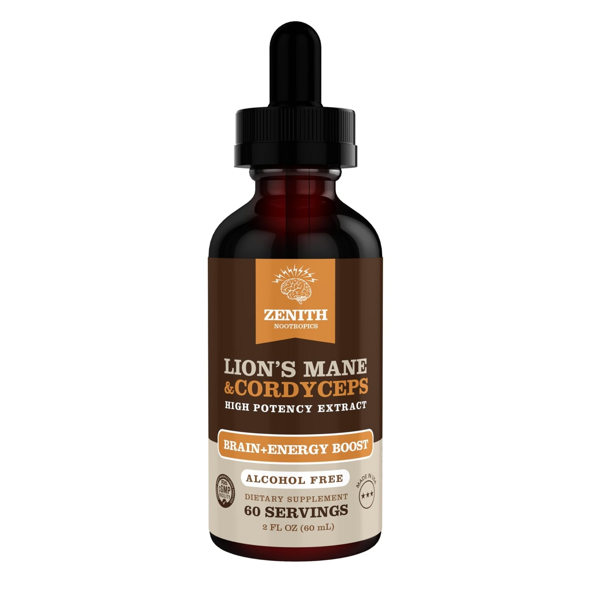 Zenith Nootropics Lion’s Mane & Cordyceps Supplement – Brain & Energy Support – Focus, Memory, Clarity, Immunity – Vegan, Alcohol-Free Tincture – Up-to 2-Month Supply, 2 fl oz - Maple Wellness Supplements