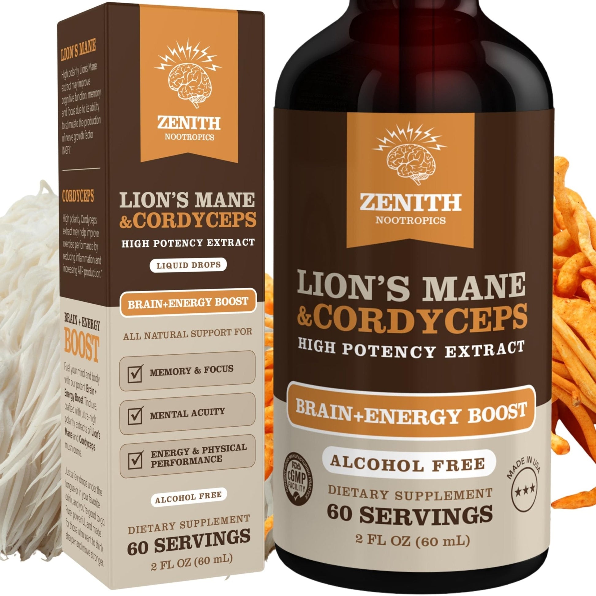 Zenith Nootropics Lion’s Mane & Cordyceps Supplement – Brain & Energy Support – Focus, Memory, Clarity, Immunity – Vegan, Alcohol-Free Tincture – Up-to 2-Month Supply, 2 fl oz - Maple Wellness Supplements