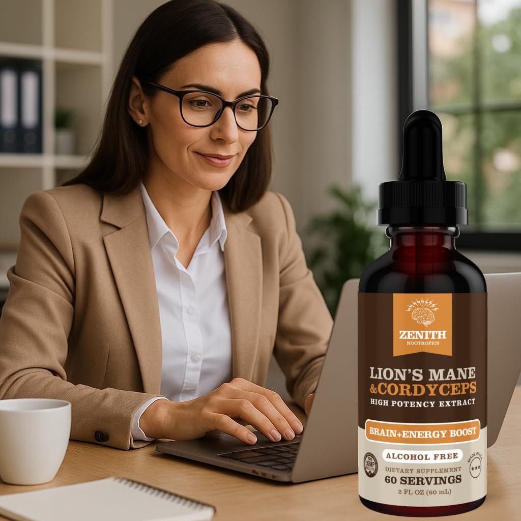 Zenith Nootropics Lion’s Mane & Cordyceps Supplement – Brain & Energy Support – Focus, Memory, Clarity, Immunity – Vegan, Alcohol-Free Tincture – Up-to 2-Month Supply, 2 fl oz - Maple Wellness Supplements