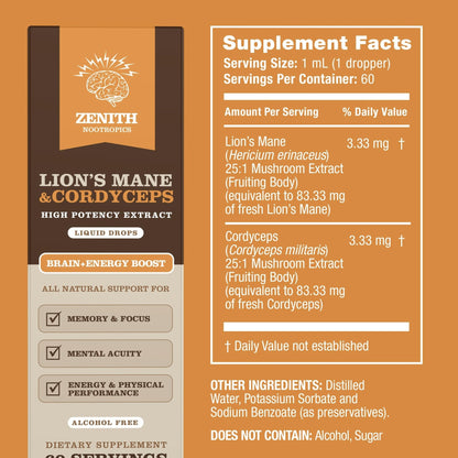 Zenith Nootropics Lion’s Mane & Cordyceps Supplement – Brain & Energy Support – Focus, Memory, Clarity, Immunity – Vegan, Alcohol-Free Tincture – Up-to 2-Month Supply, 2 fl oz - Maple Wellness Supplements