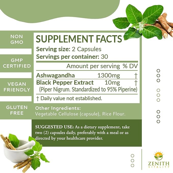 Zenith Vitality Ashwagandha 1300mg Capsules – Stress Relief & Cortisol Support, Immune & Energy Boost, Mental Clarity, Herbal Adaptogen Supplement – 60 Count - Maple Wellness Supplements