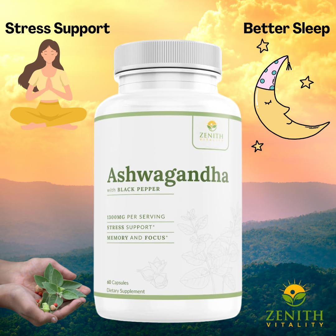 Zenith Vitality Ashwagandha 1300mg Capsules – Stress Relief & Cortisol Support, Immune & Energy Boost, Mental Clarity, Herbal Adaptogen Supplement – 60 Count - Maple Wellness Supplements