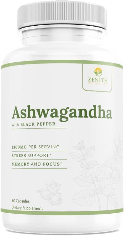 Zenith Vitality Ashwagandha 1300mg Capsules – Stress Relief & Cortisol Support, Immune & Energy Boost, Mental Clarity, Herbal Adaptogen Supplement – 60 Count - Maple Wellness Supplements