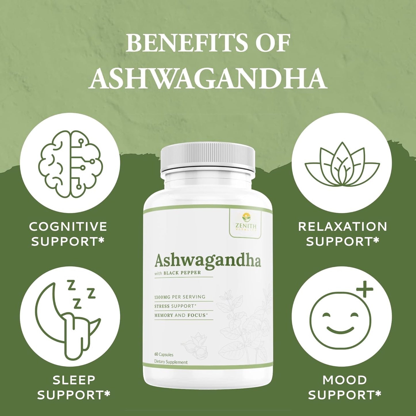 Zenith Vitality Ashwagandha 1300mg Capsules – Stress Relief & Cortisol Support, Immune & Energy Boost, Mental Clarity, Herbal Adaptogen Supplement – 60 Count - Maple Wellness Supplements