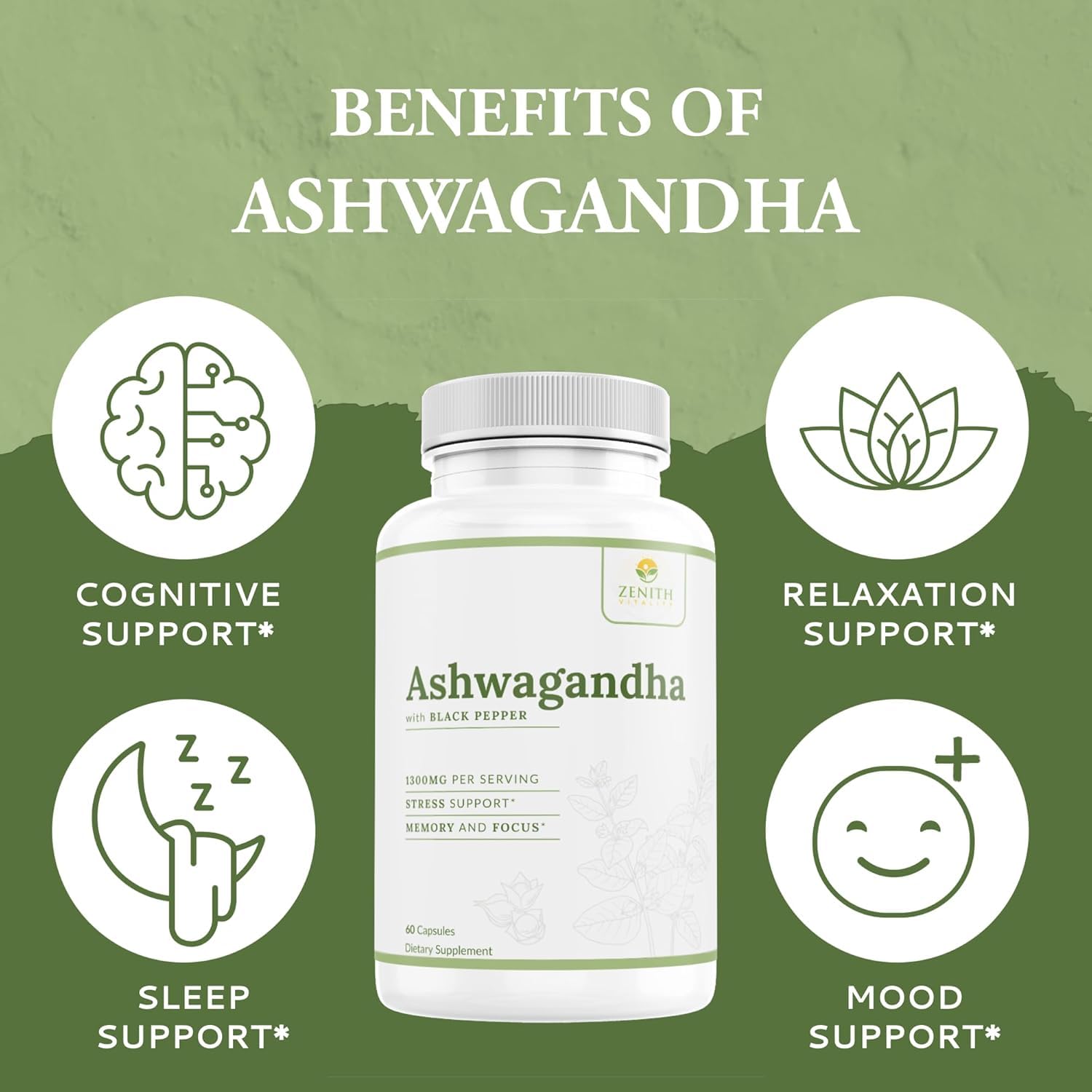 Zenith Vitality Ashwagandha 1300mg Capsules – Stress Relief & Cortisol Support, Immune & Energy Boost, Mental Clarity, Herbal Adaptogen Supplement – 60 Count - Maple Wellness Supplements