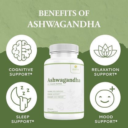 Zenith Vitality Ashwagandha 1300mg Capsules – Stress Relief & Cortisol Support, Immune & Energy Boost, Mental Clarity, Herbal Adaptogen Supplement – 60 Count - Maple Wellness Supplements