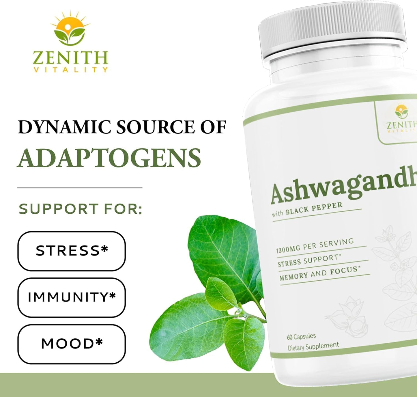 Zenith Vitality Ashwagandha 1300mg Capsules – Stress Relief & Cortisol Support, Immune & Energy Boost, Mental Clarity, Herbal Adaptogen Supplement – 60 Count - Maple Wellness Supplements