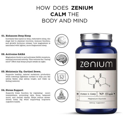 Zenium - Magnesium Glycinate for Sleep, Chelated, 600mg per Serving, 120 Capsules | High Absorption | Relieve Tension, Worry, Nervousness | Calm The Mind & Body | Ayurvedic | Natural Relief Supplement - Maple Wellness Supplements
