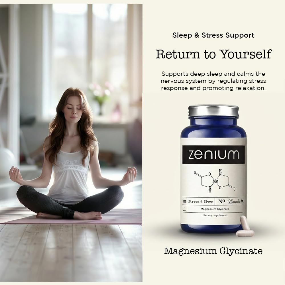 Zenium - Magnesium Glycinate for Sleep, Chelated, 600mg per Serving, 120 Capsules | High Absorption | Relieve Tension, Worry, Nervousness | Calm The Mind & Body | Ayurvedic | Natural Relief Supplement - Maple Wellness Supplements