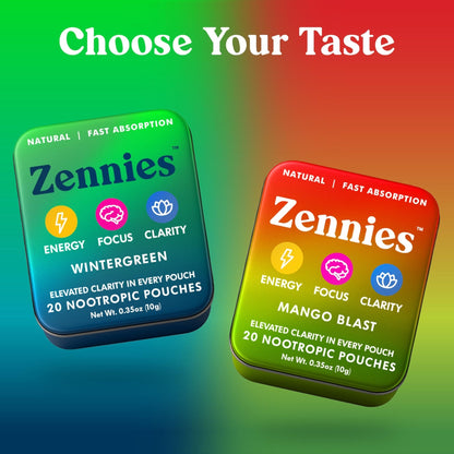 Zennies Caffeine Nootropic Pouches with Alpha GPC, L-Tyrosine & L-Theanine, Lion's Mane, Cordyceps, Reishi - Nicotine Free, No Sugar or Artificial Sweeteners Nootropic Energy Pouches, Wintergreen 1 PK - Maple Wellness Supplements