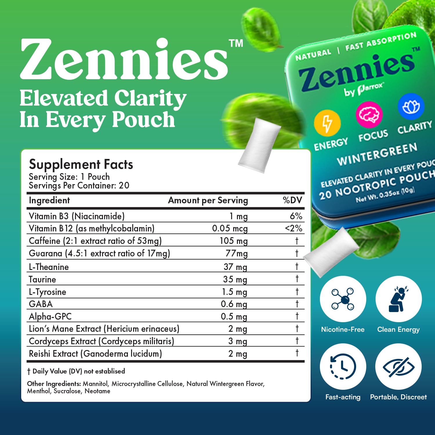 Zennies Caffeine Nootropic Pouches with Alpha GPC, L-Tyrosine & L-Theanine, Lion's Mane, Cordyceps, Reishi - Nicotine Free, No Sugar or Artificial Sweeteners Nootropic Energy Pouches, Wintergreen 1 PK - Maple Wellness Supplements