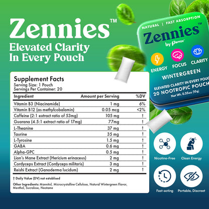 Zennies Caffeine Nootropic Pouches with Alpha GPC, L-Tyrosine & L-Theanine, Lion's Mane, Cordyceps, Reishi - Nicotine Free, No Sugar or Artificial Sweeteners Nootropic Energy Pouches, Wintergreen 1 PK - Maple Wellness Supplements