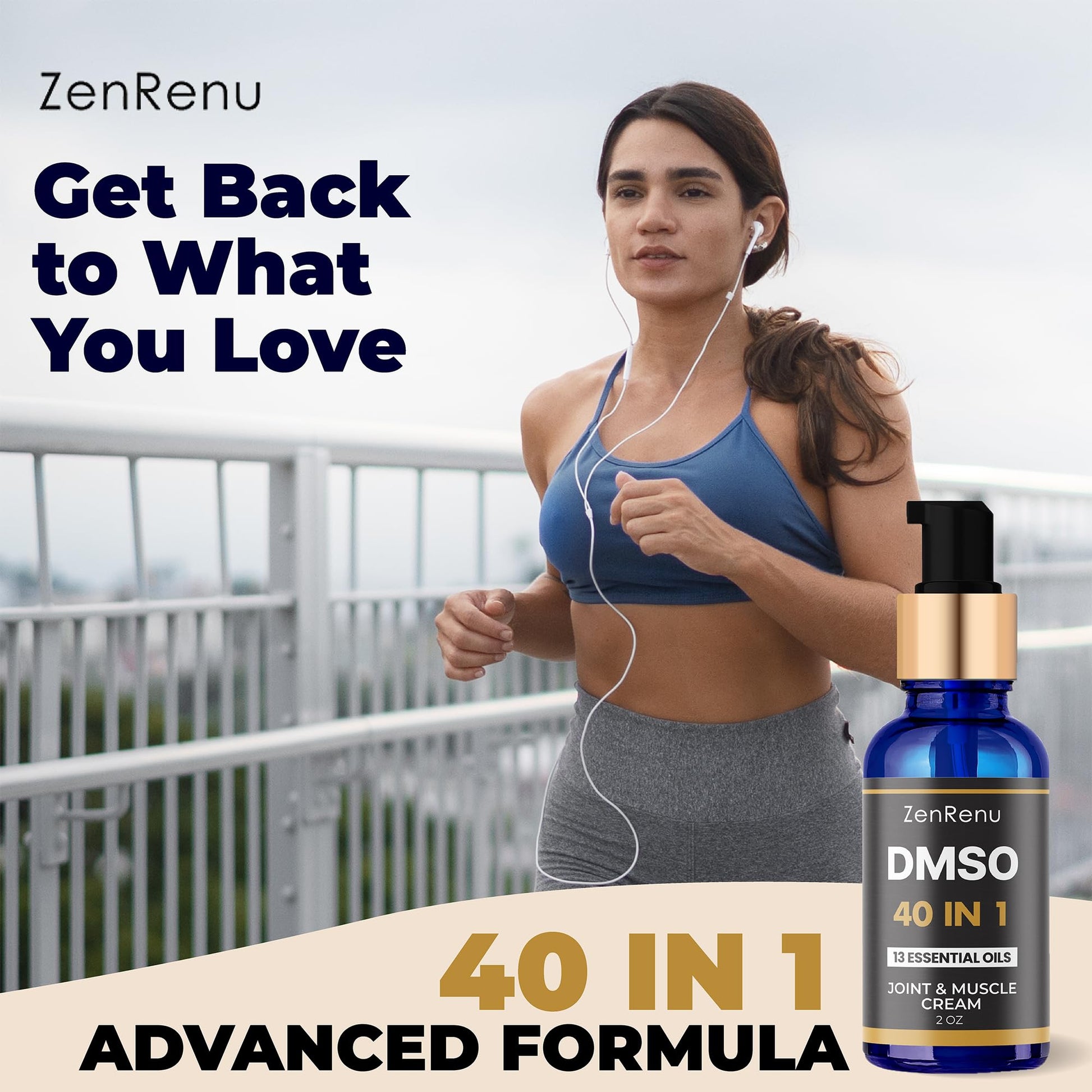 Zenrenu DMSO Cream 99.995% Pure Pharmaceutical Grade - 40-in-1 Advanced Formula -12 Essential Oils, Arnica, Aloe Vera, MSM - Fast-Absorbing Cream – 2 oz Glass Pump Bottle – Made in USA - Maple Wellness Supplements