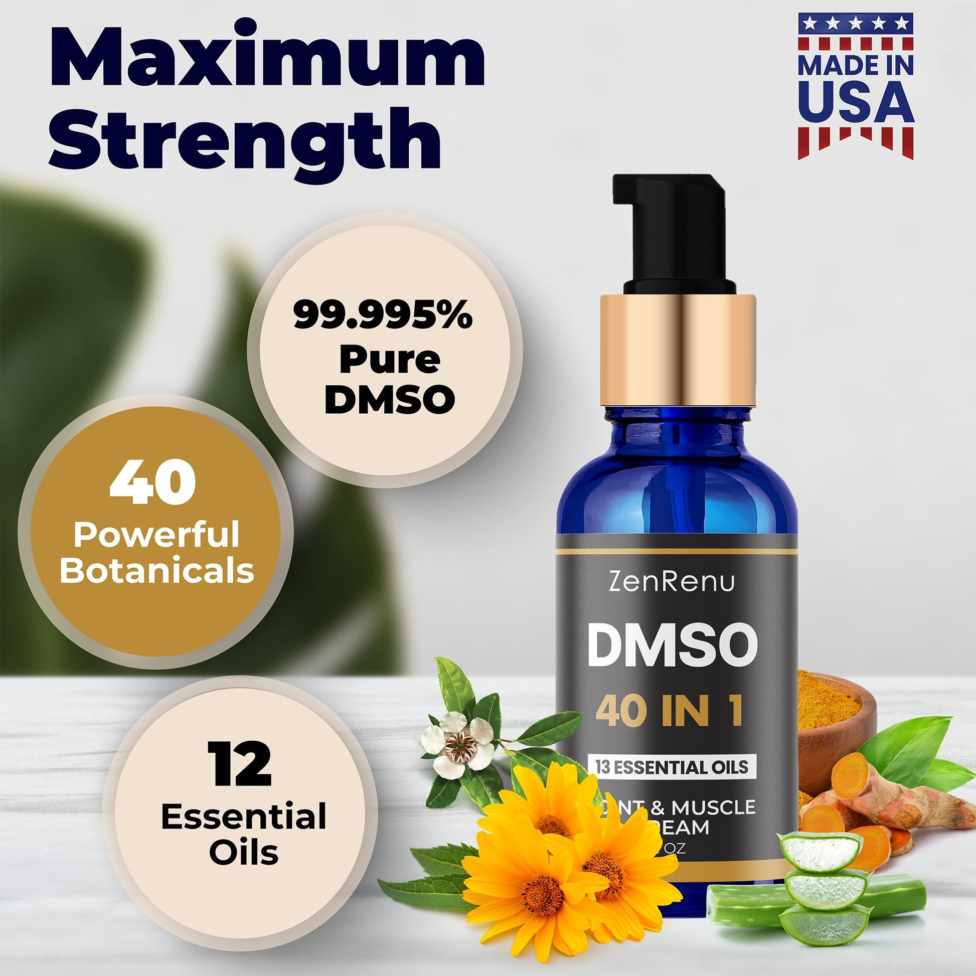 Zenrenu DMSO Cream 99.995% Pure Pharmaceutical Grade - 40-in-1 Advanced Formula -12 Essential Oils, Arnica, Aloe Vera, MSM - Fast-Absorbing Cream – 2 oz Glass Pump Bottle – Made in USA - Maple Wellness Supplements