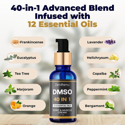 Zenrenu DMSO Cream 99.995% Pure Pharmaceutical Grade - 40-in-1 Advanced Formula -12 Essential Oils, Arnica, Aloe Vera, MSM - Fast-Absorbing Cream – 2 oz Glass Pump Bottle – Made in USA - Maple Wellness Supplements