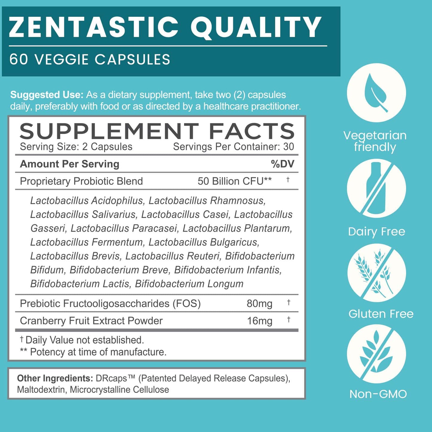 Zentastic Probiotics & Prebiotics Supplement - 50 Billion CFU - for Men & Women’s Immune & Digestive Health - 16 Strains - Shelf Stable - 180 Delayed Release Veggie Capsules - Maple Wellness Supplements