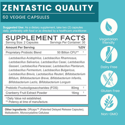 Zentastic Probiotics & Prebiotics Supplement - 50 Billion CFU - for Men & Women’s Immune & Digestive Health - 16 Strains - Shelf Stable - 180 Delayed Release Veggie Capsules - Maple Wellness Supplements