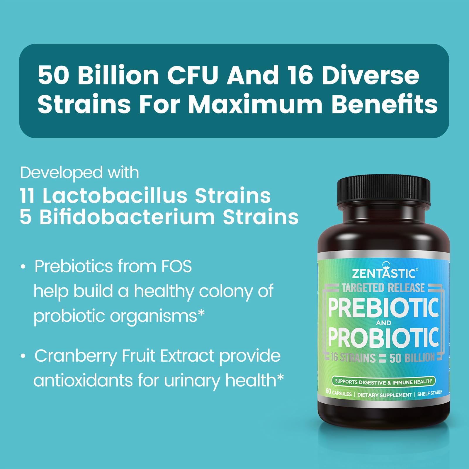 Zentastic Probiotics & Prebiotics Supplement - 50 Billion CFU - for Men & Women’s Immune & Digestive Health - 16 Strains - Shelf Stable - Maple Wellness Supplements