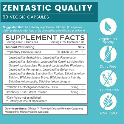 Zentastic Probiotics & Prebiotics Supplement - 50 Billion CFU - for Men & Women’s Immune & Digestive Health - 16 Strains - Shelf Stable - Maple Wellness Supplements