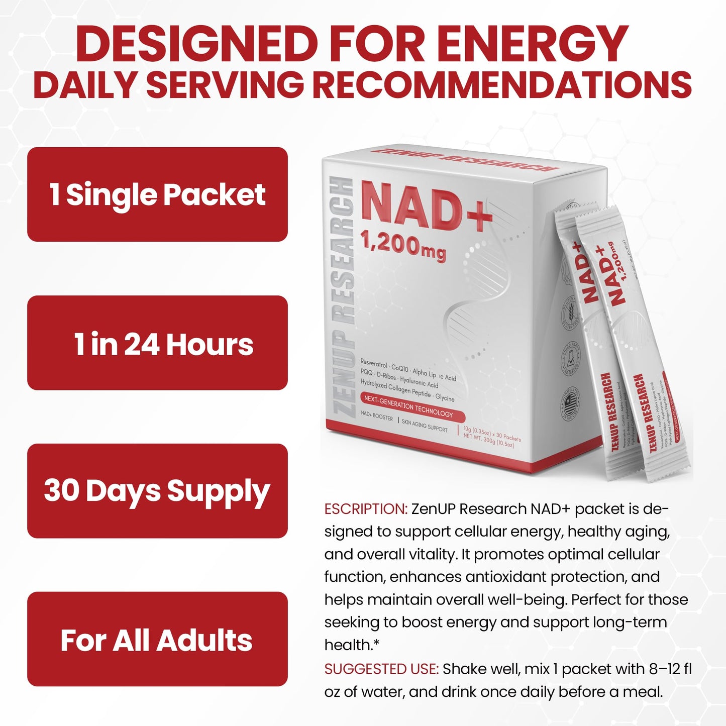 ZenUP Liquid NAD, Extra Strength 1,200mg NAD+ Supplement with CoQ10, Resveratrol, D-Ribose & PQQ for Men & Women, Natural NAD+ Stick for Anti-Aging, Energy, Focus - 30 Packets - Maple Wellness Supplements