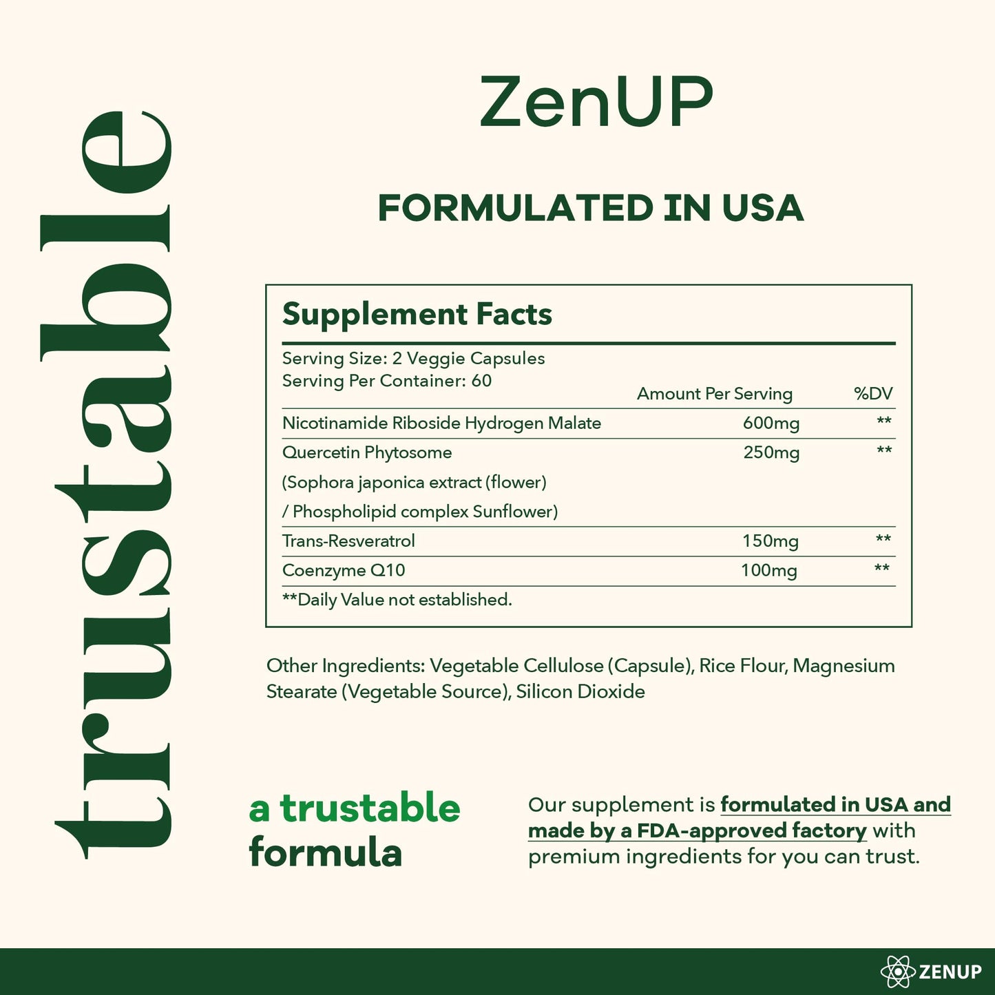 ZenUP NAD+ Supplement | 1100mg Liposomal Nicotinamide Riboside with Resveratrol & Quercetin | Anti-Aging, Cellular Energy, Mental Focus | 120 Caps - Maple Wellness Supplements