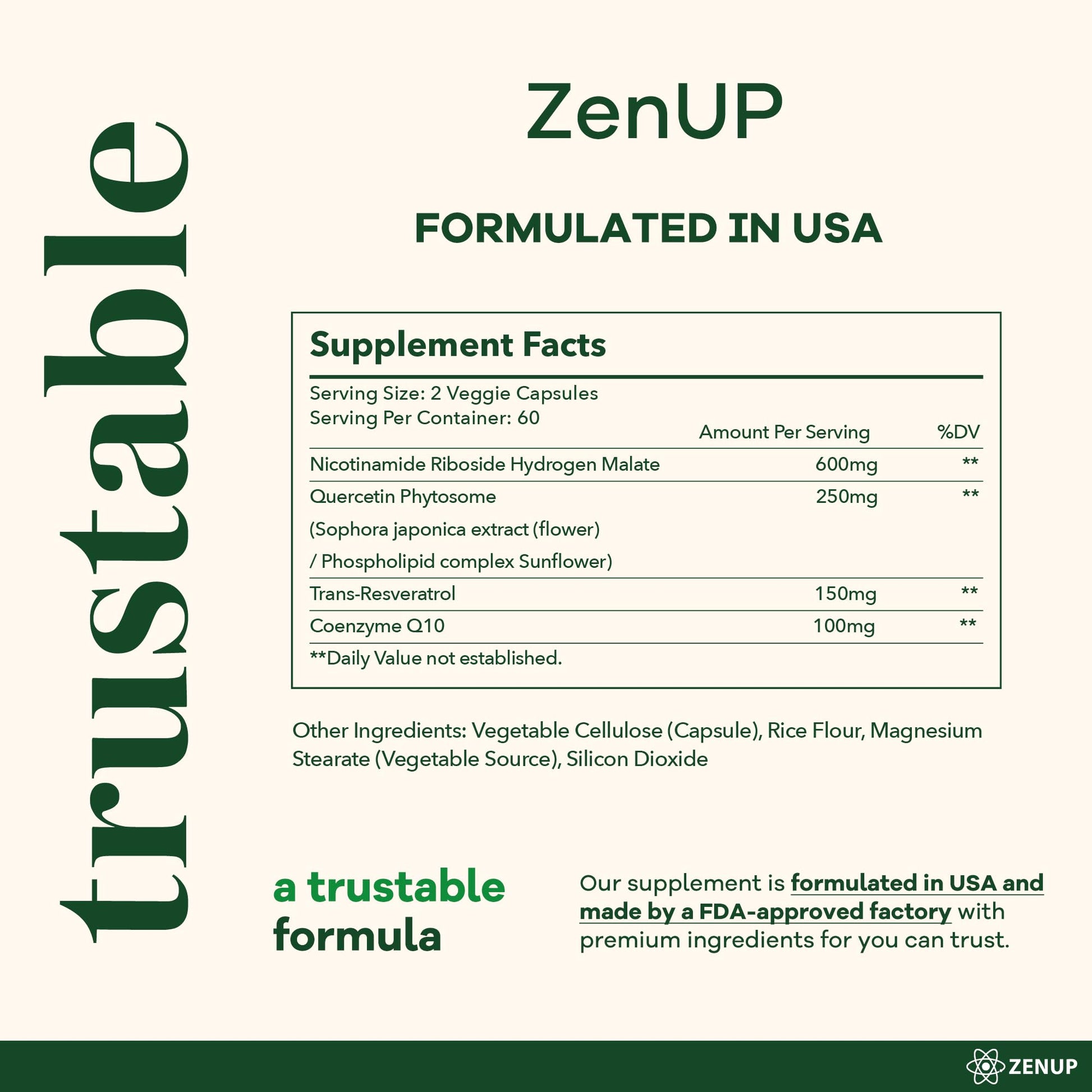 ZenUP NAD+ Supplement | 1100mg Liposomal Nicotinamide Riboside with Resveratrol & Quercetin | Anti-Aging, Cellular Energy, Mental Focus | 120 Caps - Maple Wellness Supplements