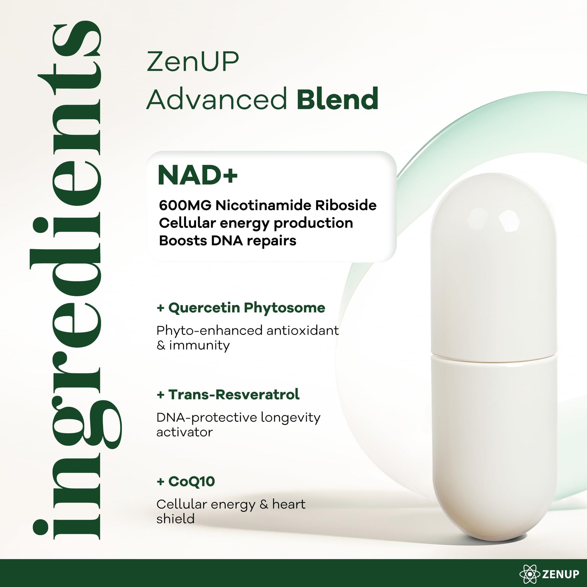 ZenUP NAD+ Supplement | 1100mg Liposomal Nicotinamide Riboside with Resveratrol & Quercetin | Anti-Aging, Cellular Energy, Mental Focus | 120 Caps - Maple Wellness Supplements