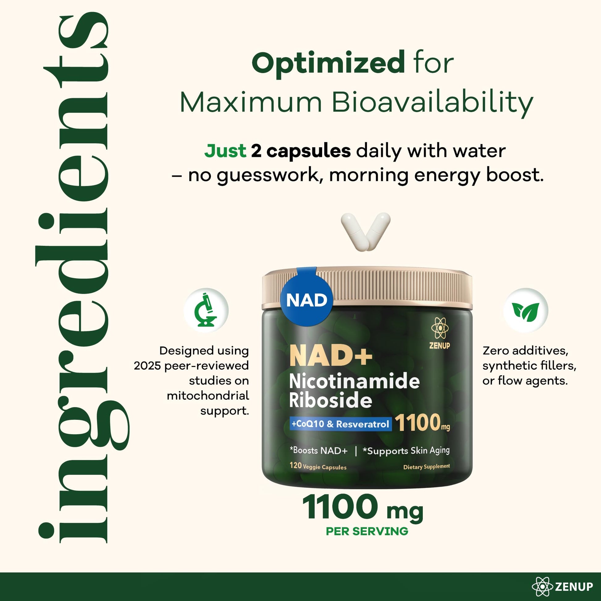 ZenUP NAD+ Supplement | 1100mg Liposomal Nicotinamide Riboside with Resveratrol & Quercetin | Anti-Aging, Cellular Energy, Mental Focus | 120 Caps - Maple Wellness Supplements
