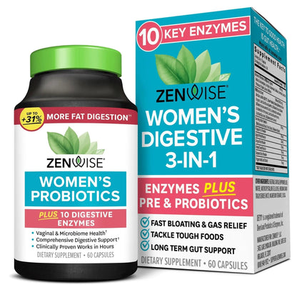 Zenwise Health 3-in-1 Womens Probiotic Supplement for Digestive, Gut Flora & Vaginal Health - Daily Probiotics & Prebiotics for Women with Digestive Enzymes Supports Bloating & Gas Relief - 60 Count - Maple Wellness Supplements