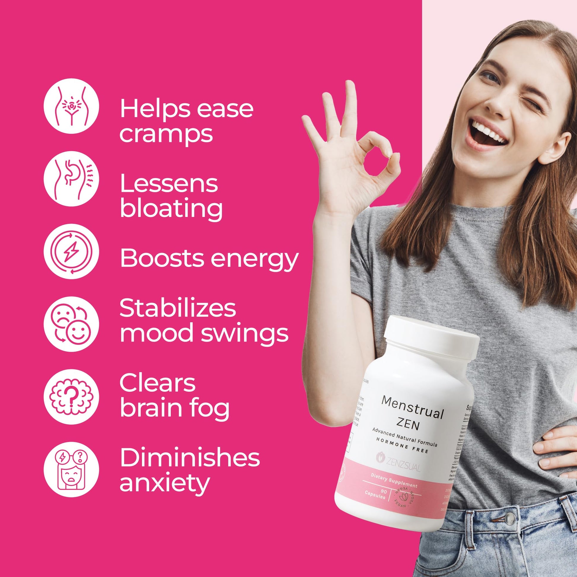 ZENZSUAL Menstrual Zen Natural and Hormone-Free Supplement – Support for Menstrual Cramps, Mood Swings and Period Pain – Diuretic Effect (90 Capsules / 2.7 Oz) - Maple Wellness Supplements