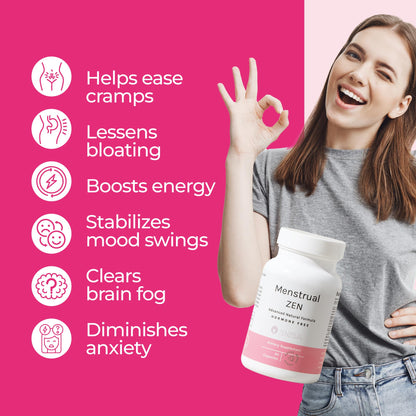 ZENZSUAL Menstrual Zen Natural and Hormone-Free Supplement – Support for Menstrual Cramps, Mood Swings and Period Pain – Diuretic Effect (90 Capsules / 2.7 Oz) - Maple Wellness Supplements