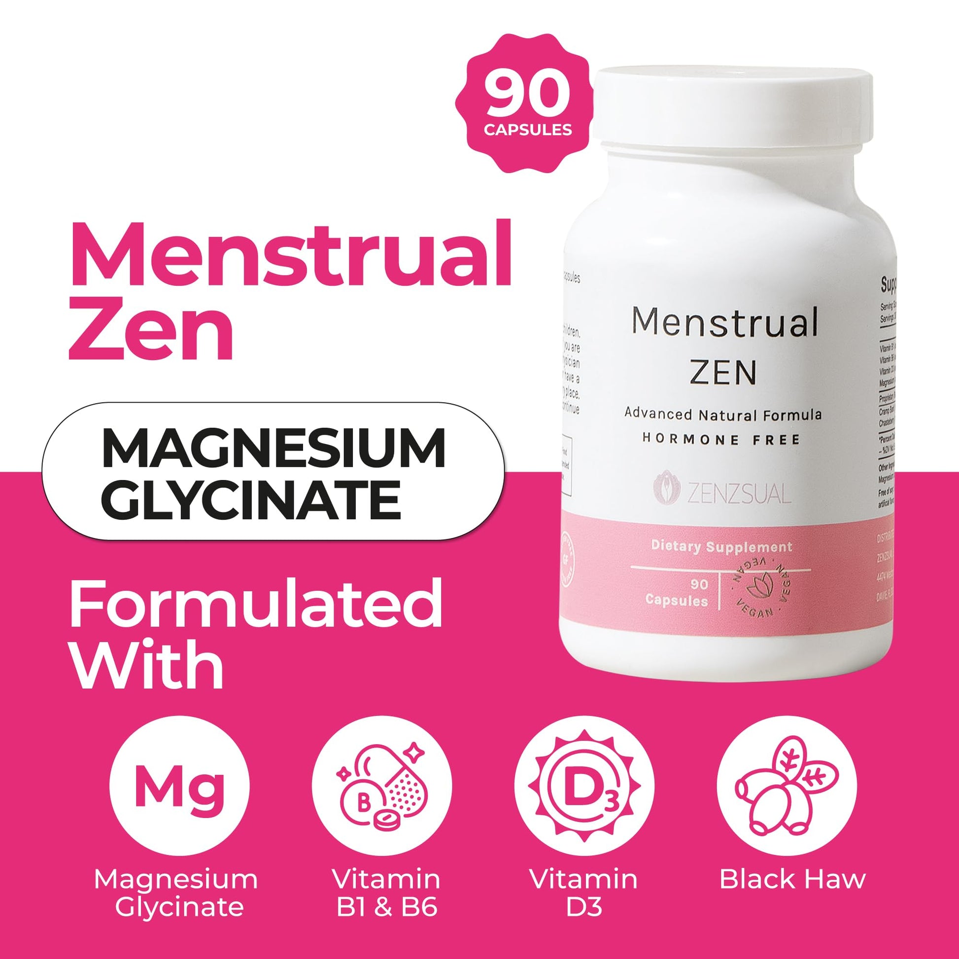ZENZSUAL Menstrual Zen Natural and Hormone-Free Supplement – Support for Menstrual Cramps, Mood Swings and Period Pain – Diuretic Effect (90 Capsules / 2.7 Oz) - Maple Wellness Supplements