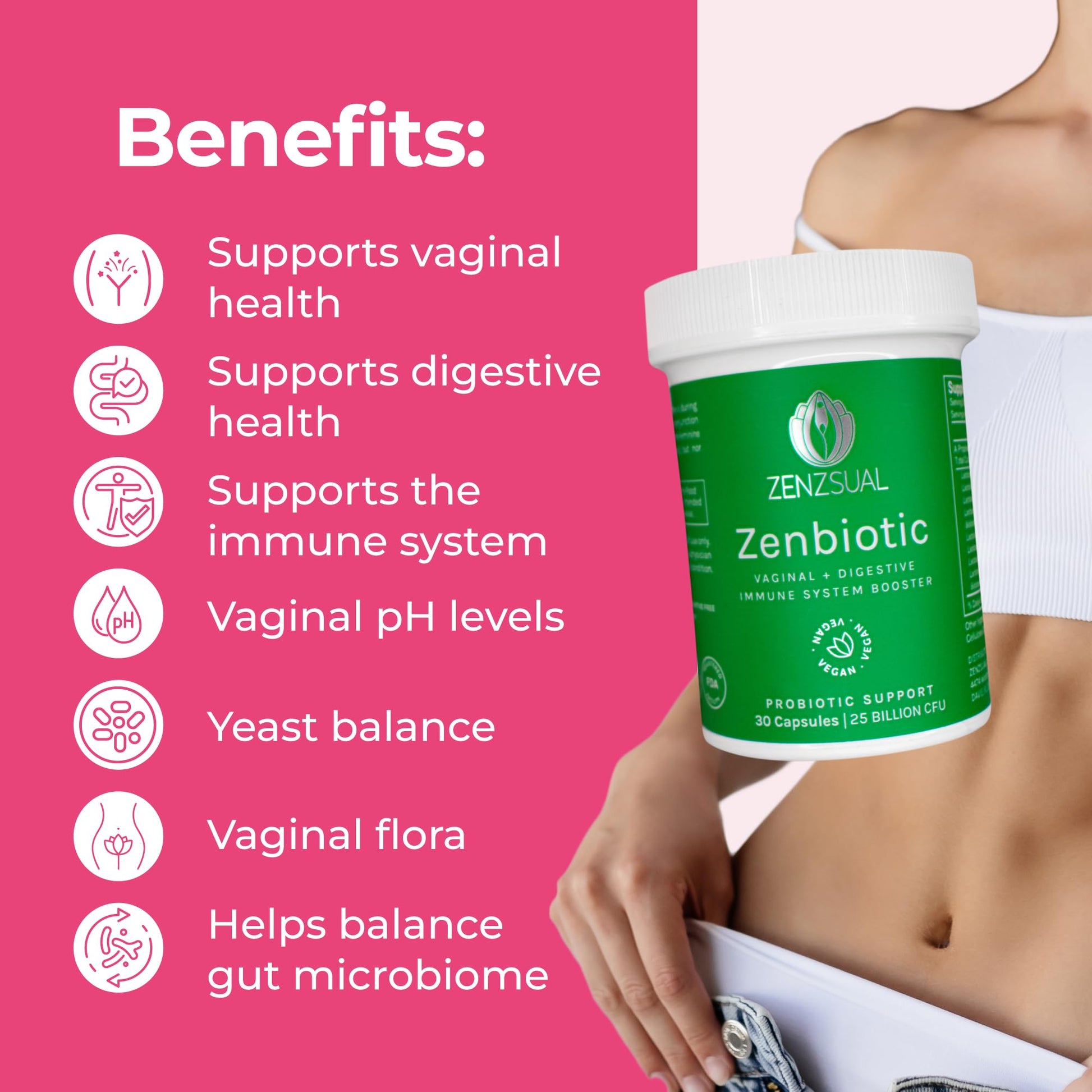 ZENZSUAL Zenbiotic Probiotics Support for Women – 25 Billion CFU, Vaginal Health & pH Balance Support, Odor & Yeast Control, Gut & Digestive Health, Urinary Comfort, Hormone Balance, 30 Vegan Capsules - Maple Wellness Supplements