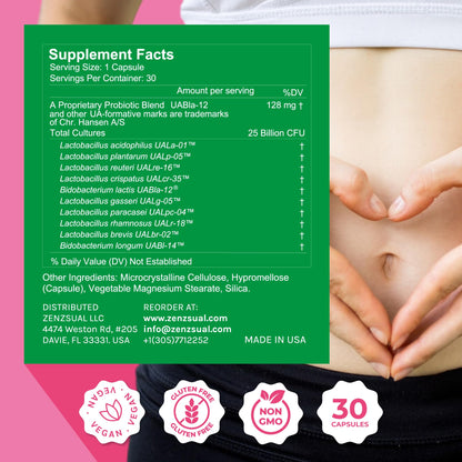 ZENZSUAL Zenbiotic Probiotics Support for Women – 25 Billion CFU, Vaginal Health & pH Balance Support, Odor & Yeast Control, Gut & Digestive Health, Urinary Comfort, Hormone Balance, 30 Vegan Capsules - Maple Wellness Supplements