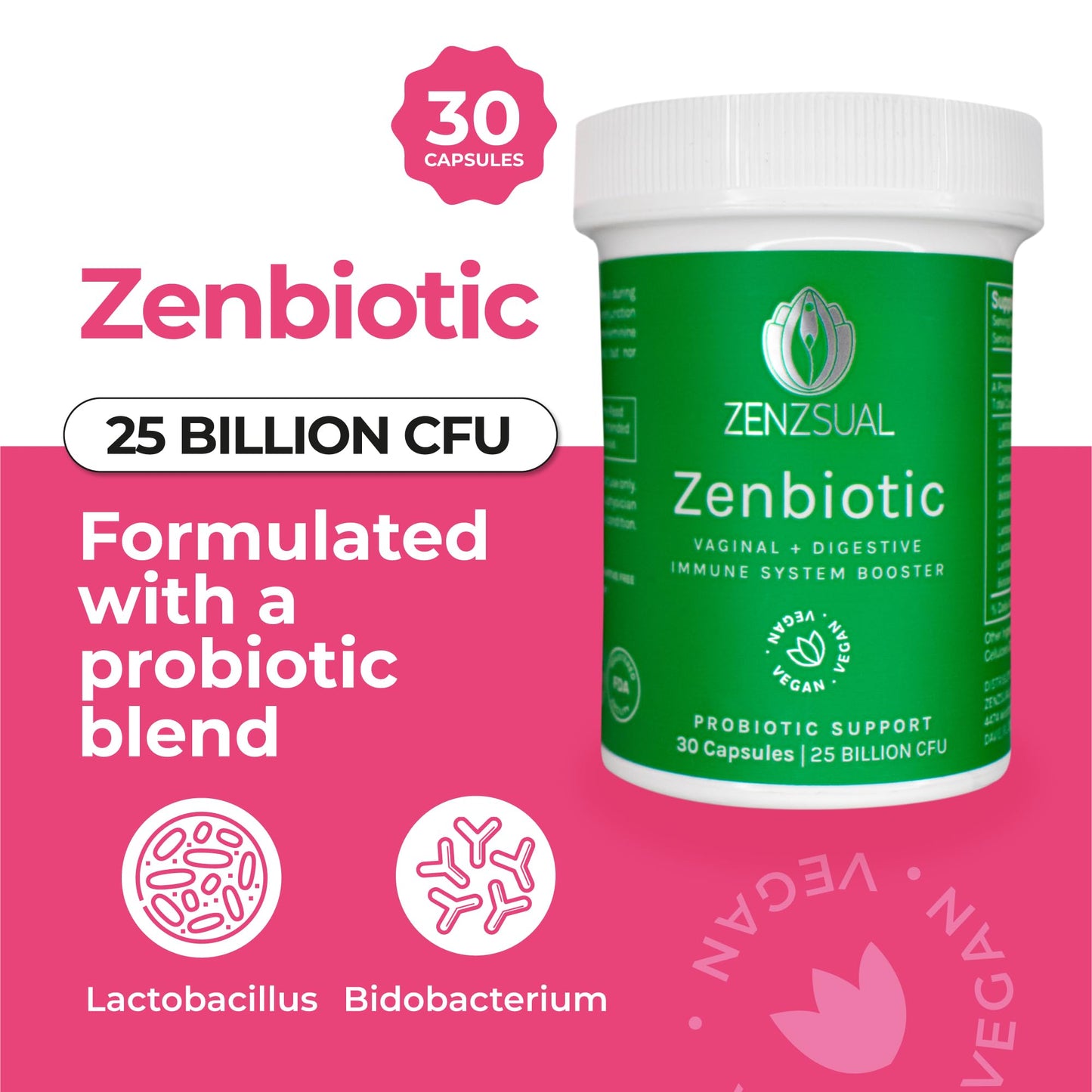 ZENZSUAL Zenbiotic Probiotics Support for Women – 25 Billion CFU, Vaginal Health & pH Balance Support, Odor & Yeast Control, Gut & Digestive Health, Urinary Comfort, Hormone Balance, 30 Vegan Capsules - Maple Wellness Supplements