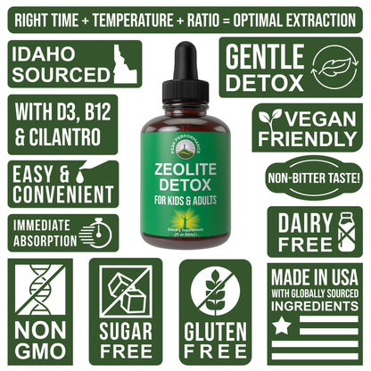 Zeolite Detox for Kids & Adults with Cilantro. Volcanic Mineral from Idaho USA. Zeolite Clinoptilolite Liquid Drops Gentle Cleanse Supplement with Vitamins B12 & D. Support Focus, Energy, Gut, Speech - Maple Wellness Supplements