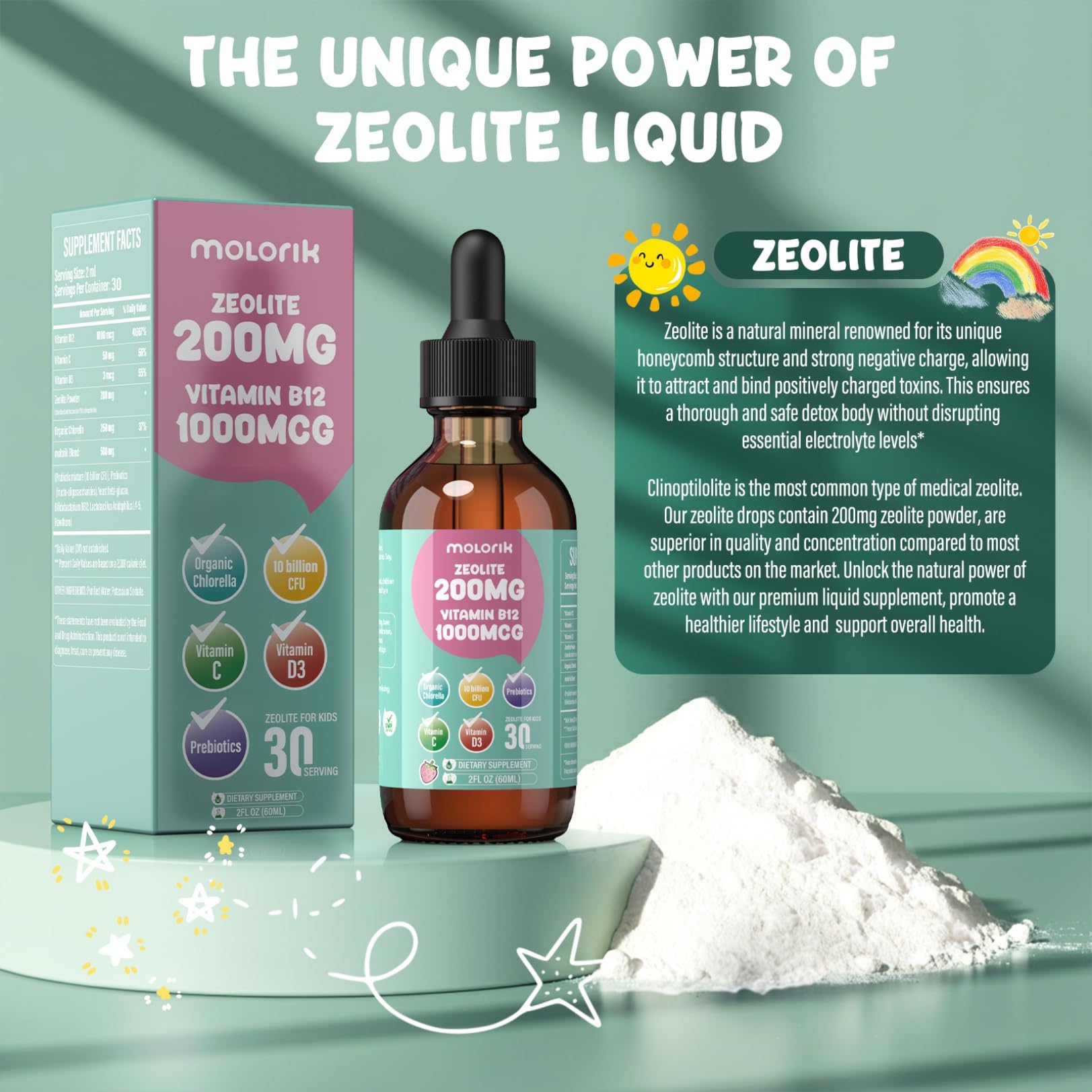 Zeolite Detox for Kids and Adults, 200mg Zeolite Liquid Drops with 1000mcg Vitamin B12, Organic Chlorella, 10 billion CFU & Prebiotics for Gut Support & Speech, Immune, Bone, Energy*, Strawberry, 60ML - Maple Wellness Supplements